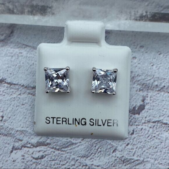 Sterling Silver 6mm Square Clear CZ Stud Earrings - Picture 2 of 4